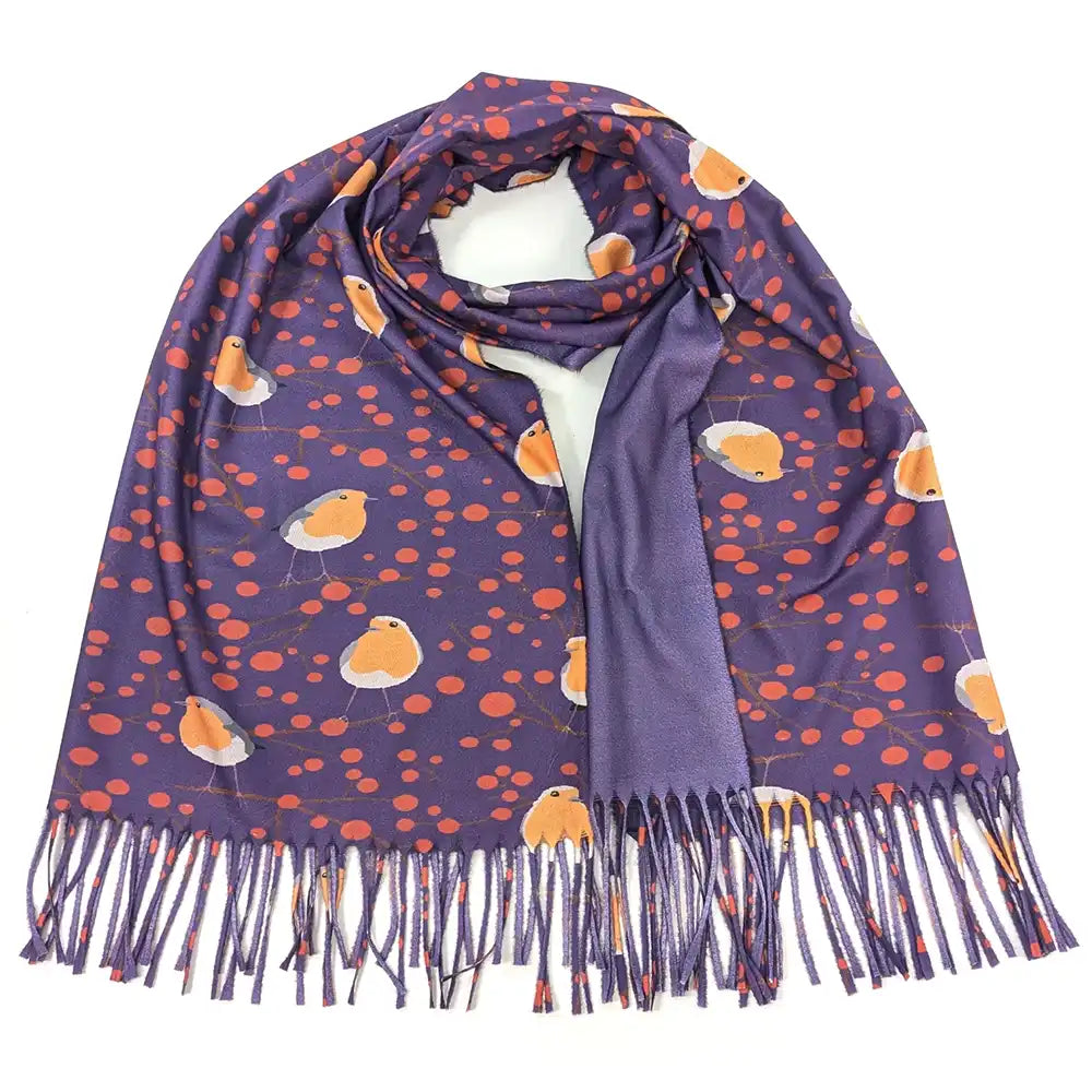 A purple scarf with orange polka dots and small bird illustrations, featuring fringed ends, displayed on a white background.
