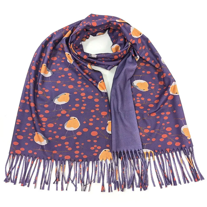 A purple scarf with orange polka dots and small bird illustrations, featuring fringed ends, displayed on a white background.