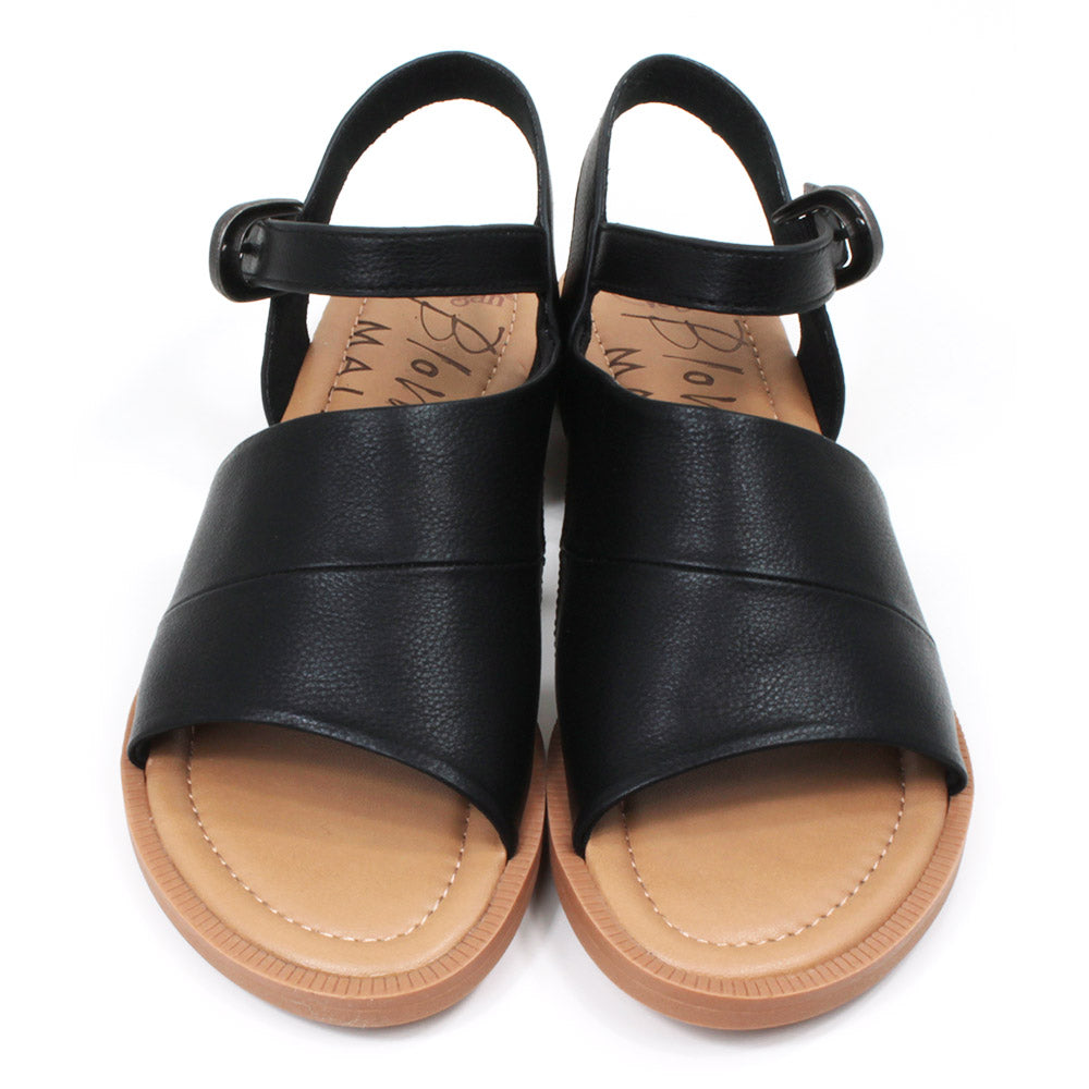 Blowfish Malibu black sandals with buckled over the ankle straps. Light brown soles. Front view.