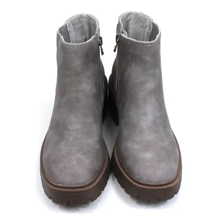 Blowfish Malibu grey faux suede zip up Chelsea boots with rugged dark brown soles. Elastic panel hidden behind leaved faux suede. Front view.