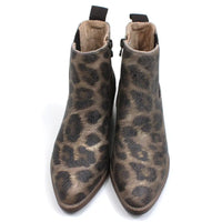 Blowfish Malibu Rosebud bold leopard print Chelsea boots. Brown elastic side panels and pull tab. Almond pointed toes and Cuban heels. Front view.