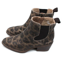 Blowfish Malibu Rosebud bold leopard print Chelsea boots. Brown elastic side panels and pull tab. Almond pointed toes and Cuban heels. Side view.