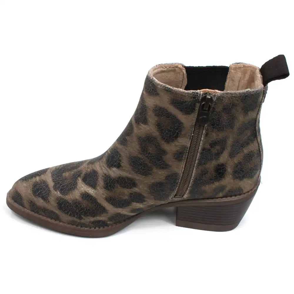 Blowfish Malibu Rosebud bold leopard print Chelsea boots. Brown elastic side panels and pull tab. Almond pointed toes and Cuban heels. View of single boot showing zip fastening.