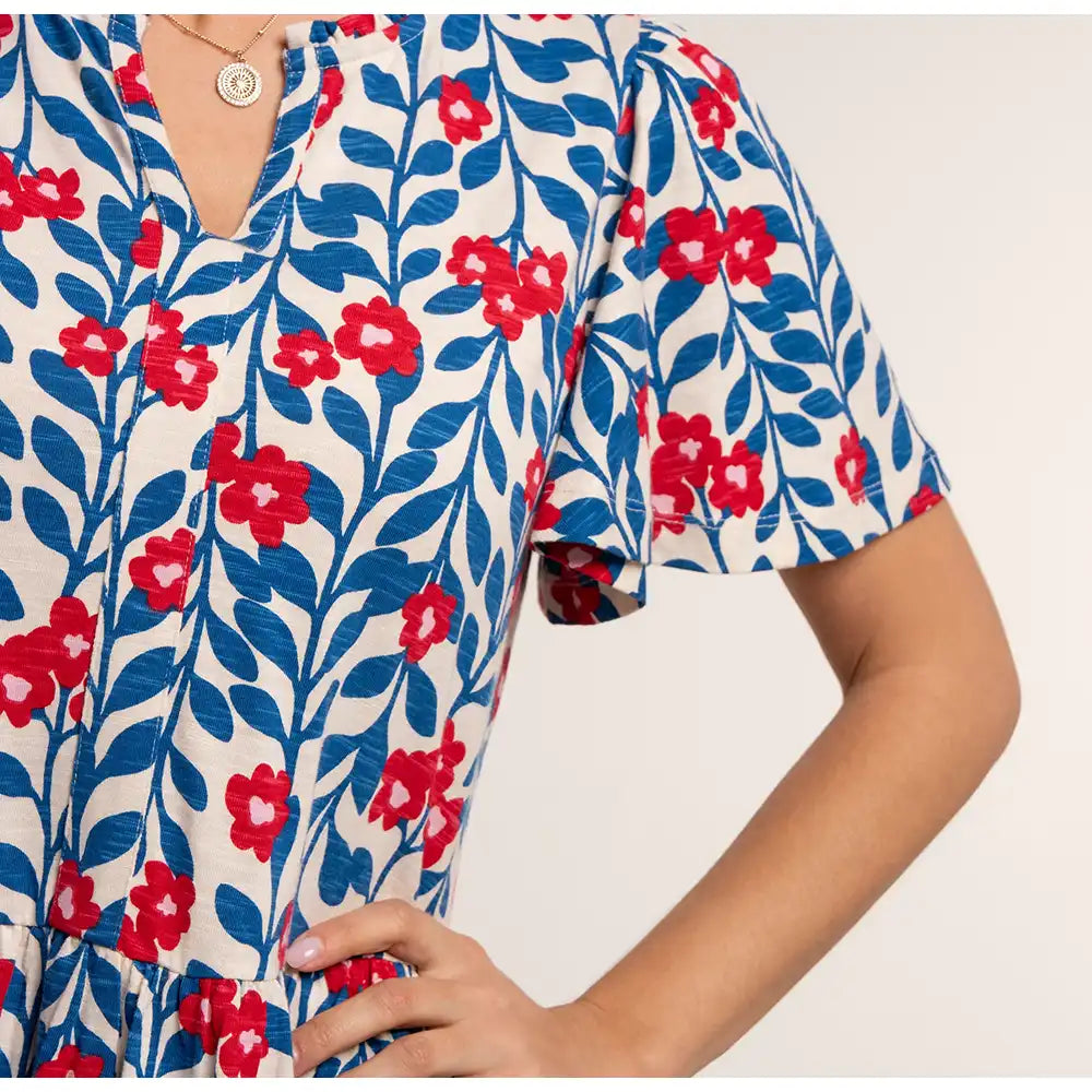 Close-up of a floral dress with red and blue flowers on a white background