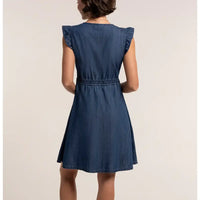 Blue dress with ruffled sleeves on a plain background