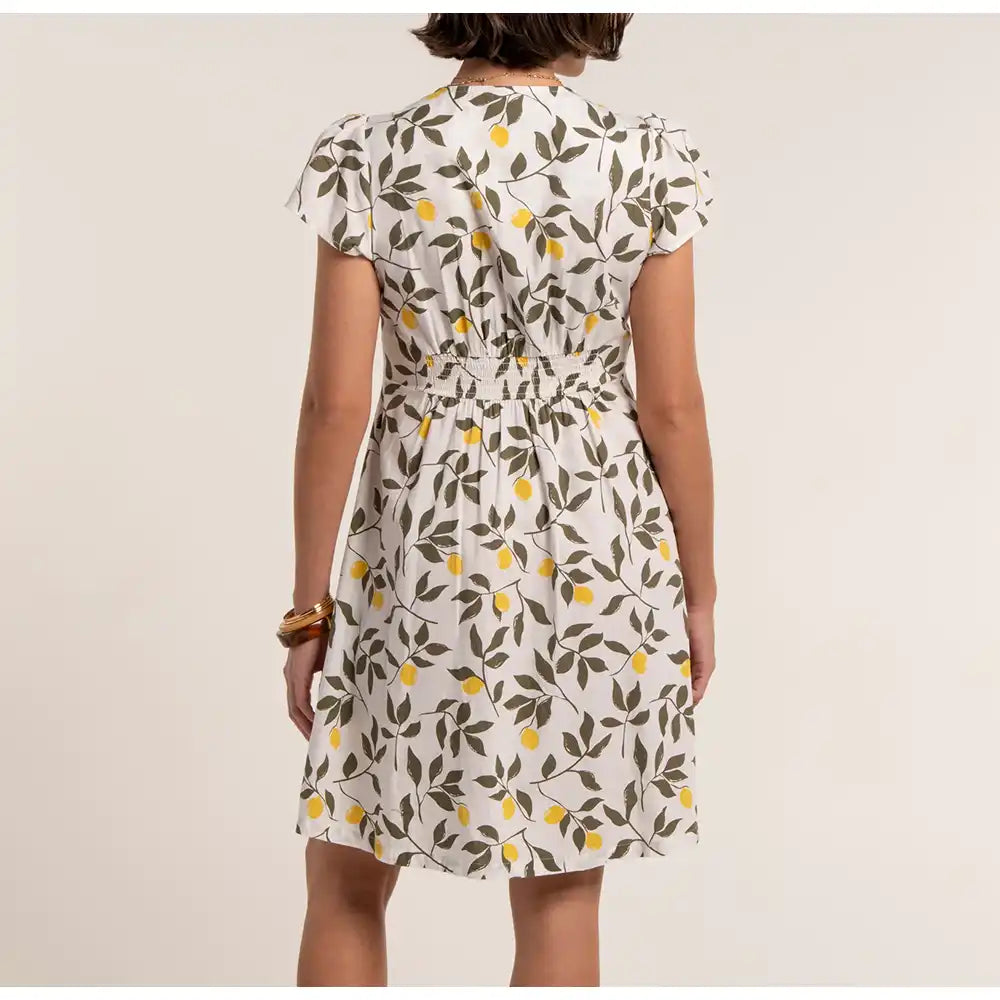 Woman wearing a Lemon Print dress with a plain background