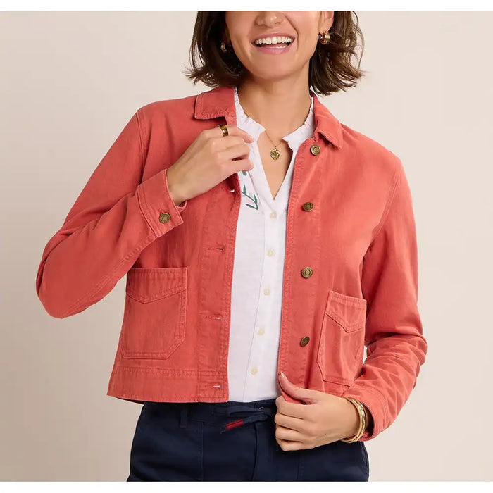 Poppy red coloured jacket with buttons and patch pockets with long sleeves. 