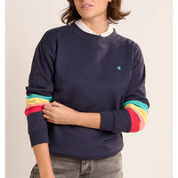Person wearing a navy sweatshirt with multicolored sleeves on a beige background