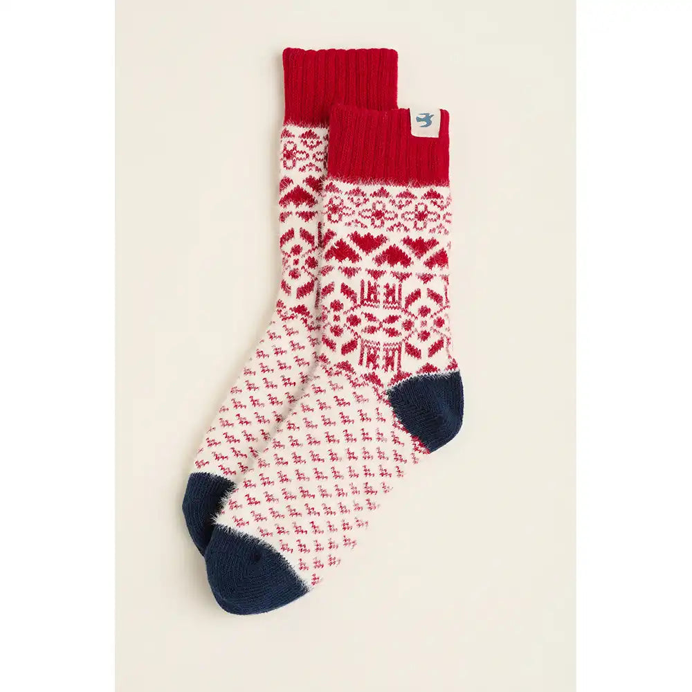 Nordic Fluffy Socks - Cream & Red