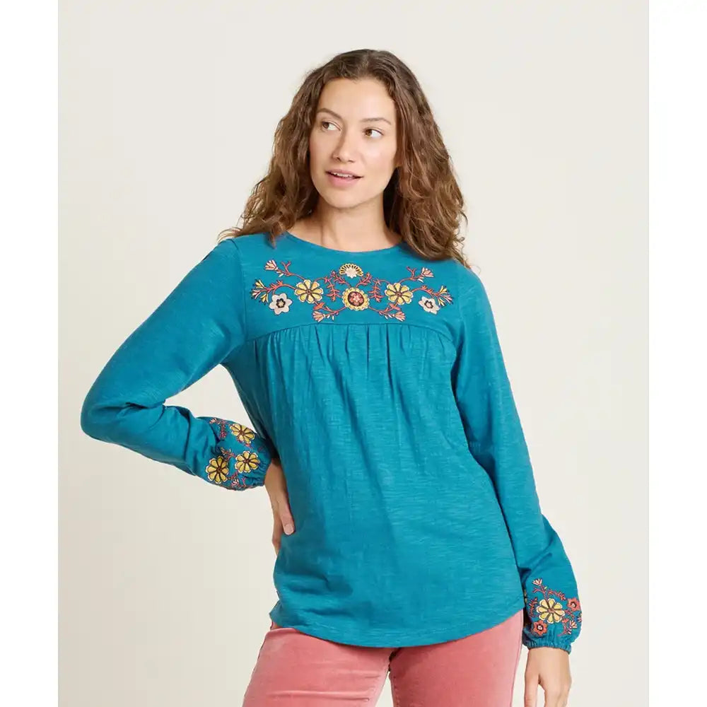 Folk Floral Embroidered Tee - Teal