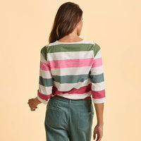 Person wearing a striped sweater and green pants on a beige background