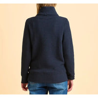 Navy blue sweater worn by a person on a beige background