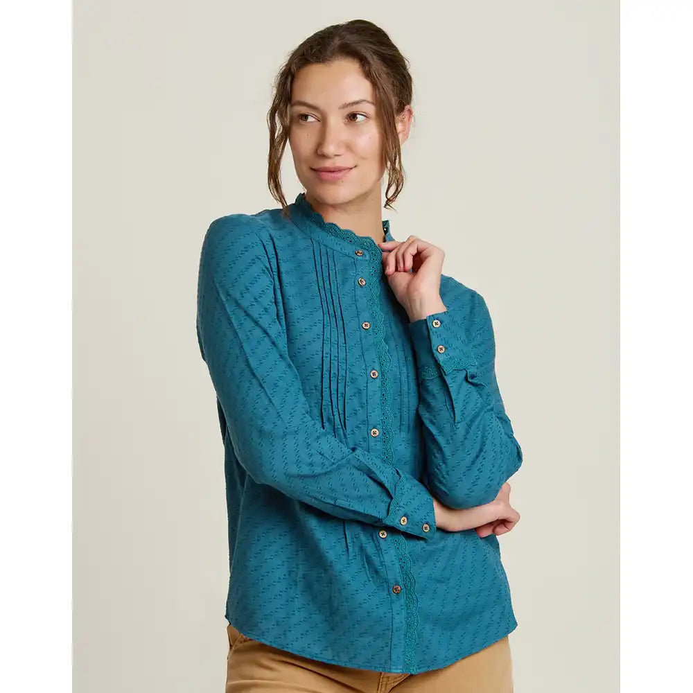 Cotton Ruffle Collar Blouse in Teal