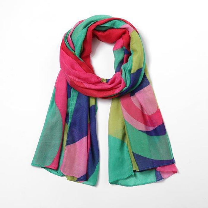 Butterfly Fashion scarf in greens, blue, red and pink.