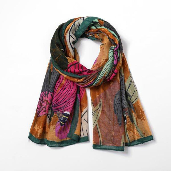 Butterfly Fashion Busy Bee scarf in fuchsia, terracottas and greens.