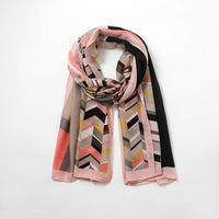 Butterfly Fashion scarf with chevron design in pinks, white, yellow and black.