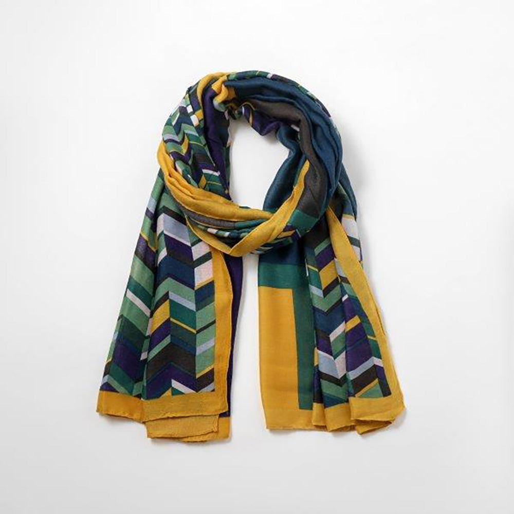 Butterfly Fashion scarf with chevron design in greens, white, yellow and blue.