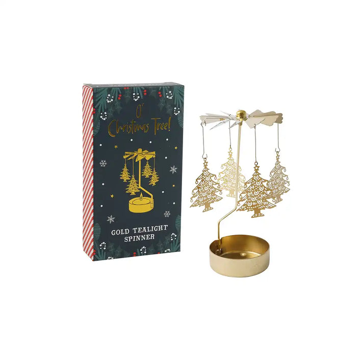 Gold tealight spinner with hanging Christmas tree ornaments and a matching dark green holiday-themed box on a white background.