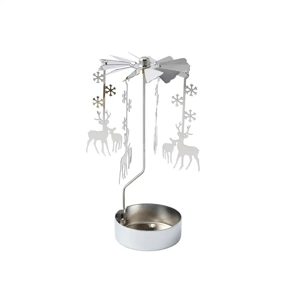 Silver spinning tealight holder with a stag and young in silver from a side view