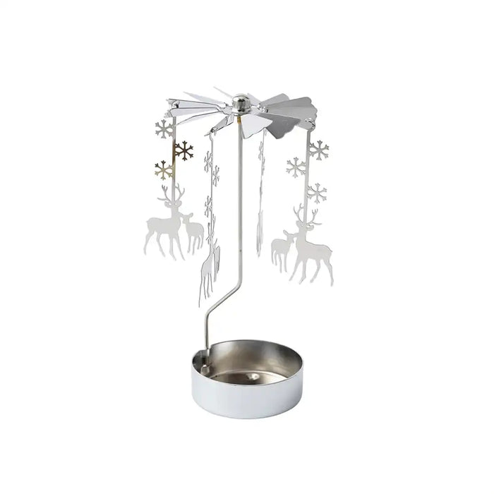 Silver spinning tealight holder with a stag and young in silver from a side view