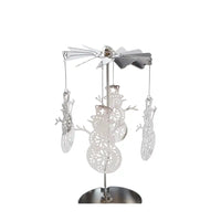 A silver metal snowman-themed candle holder with a wind spinner top, hanging snowman and snowflake cutouts, and a round candle holder base on a white background.