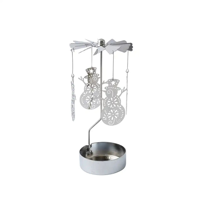 A silver metal snowman-themed candle holder with a wind spinner top, hanging snowman and snowflake cutouts, and a round candle holder base on a white background.