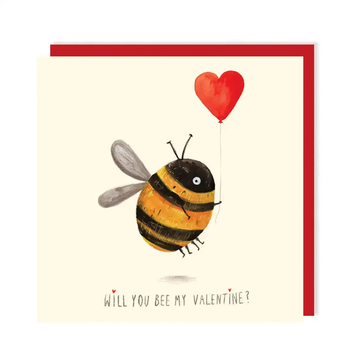 Card with a bee holding a red heart balloon and text 'Will you bee my Valentine?'
