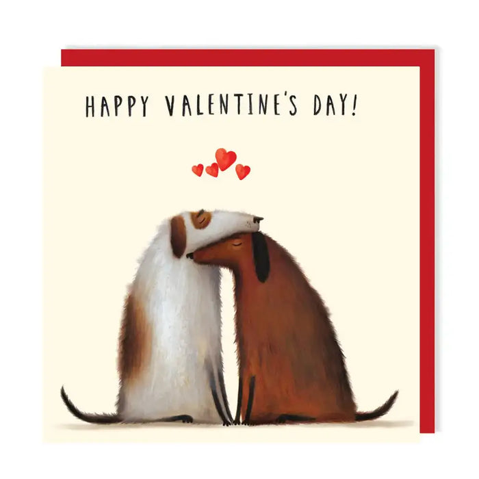 Valentine's Day card with two dogs facing each other and hearts above, on a beige background.