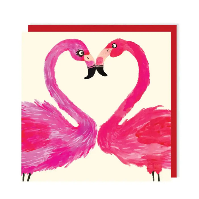 Two pink flamingos forming a heart shape on a beige background with a red border.