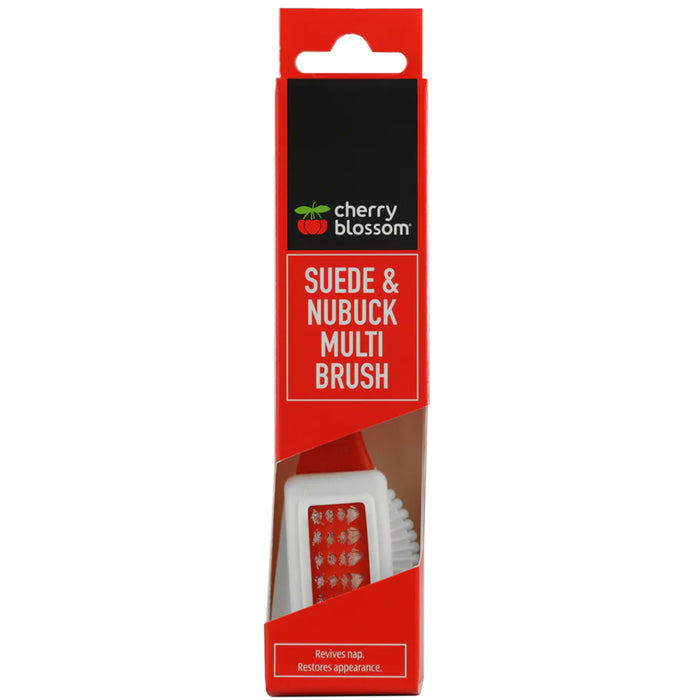 Red box that contains a Suede and Nubuck multi brush. 