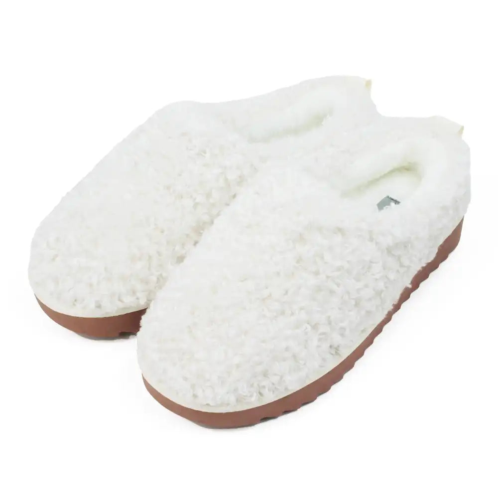Pair of white fuzzy slippers with brown soles on a white background