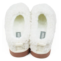 Pair of white fluffy slippers with brown soles on a white background