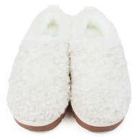 White fuzzy slippers with brown soles on a white background