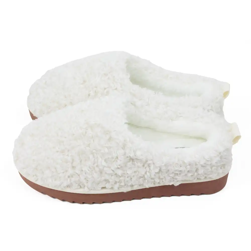 White fuzzy slippers with brown soles on a white background