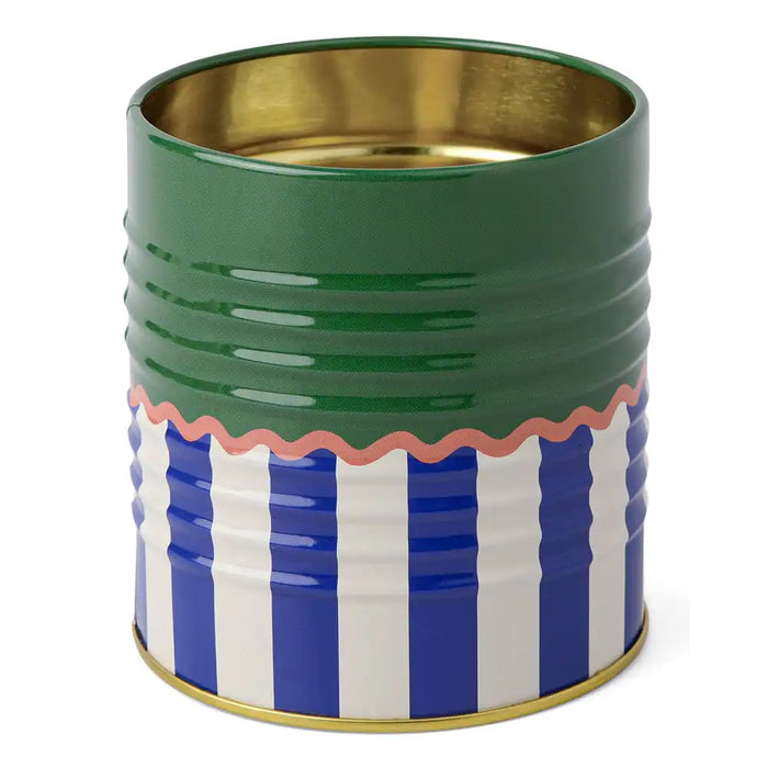 Green canister with gold interior, blue and white striped pattern on a white background
