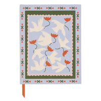 Decorative notebook cover with doves and flowers on a light blue background