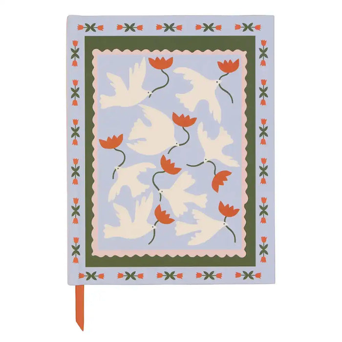Decorative notebook cover with doves and flowers on a light blue background