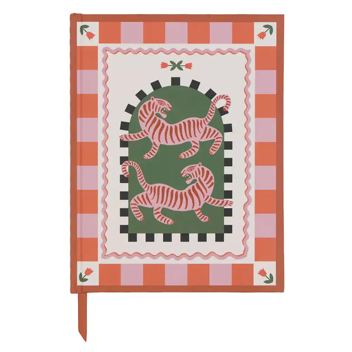 Decorative book with tiger design on a striped cover