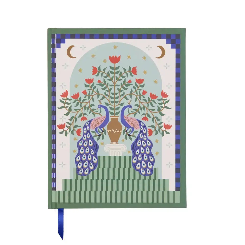 Decorative notebook with peacock design on a white background
