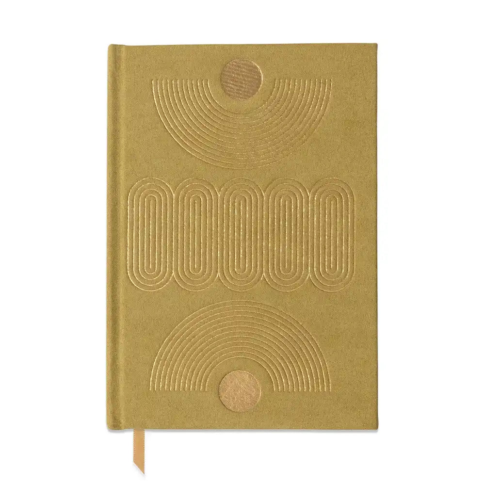 A hardcover notebook with a textured mustard yellow cover featuring embossed geometric arch and oval patterns, complete with a matching ribbon bookmark.