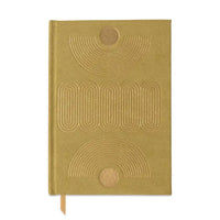 A hardcover notebook with a textured mustard yellow cover featuring embossed geometric arch and oval patterns, complete with a matching ribbon bookmark.