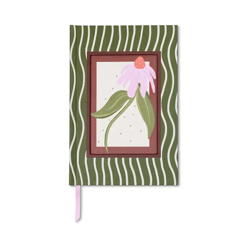 Front of notebook with painted coneflower  ni a brown frame. Round brown frame is dark green background with white wavy lines. 