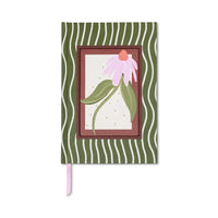 Front of notebook with painted coneflower  ni a brown frame. Round brown frame is dark green background with white wavy lines. 
