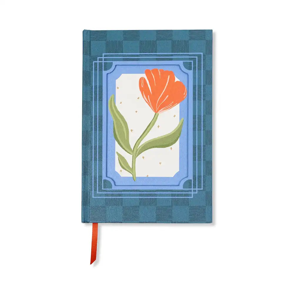 Blue notebook with a red flower illustration on a white background