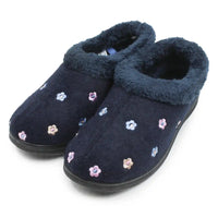 A pair of navy blue fleece slipper shoes with embroidered small flowers in pink, blue, and white, shown on a plain white background.