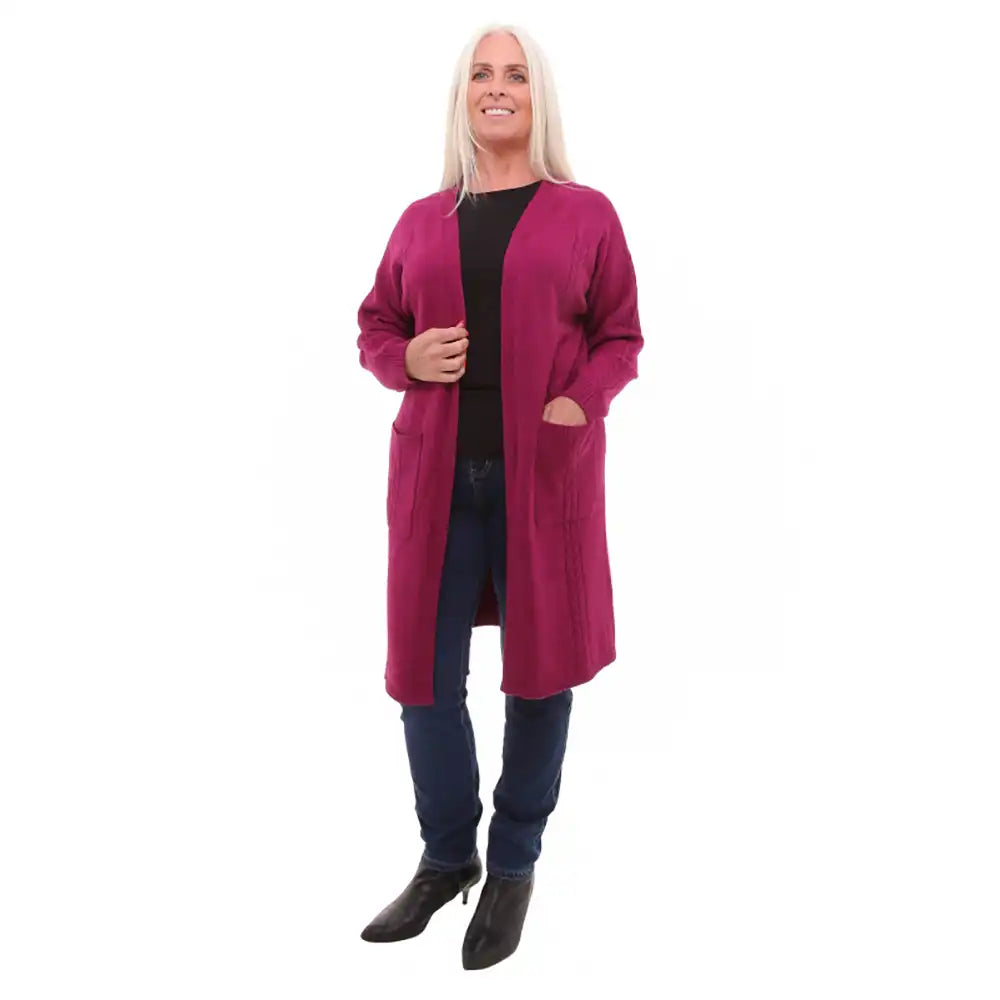 Longline Cable Knit Detail Cardigan - Magenta