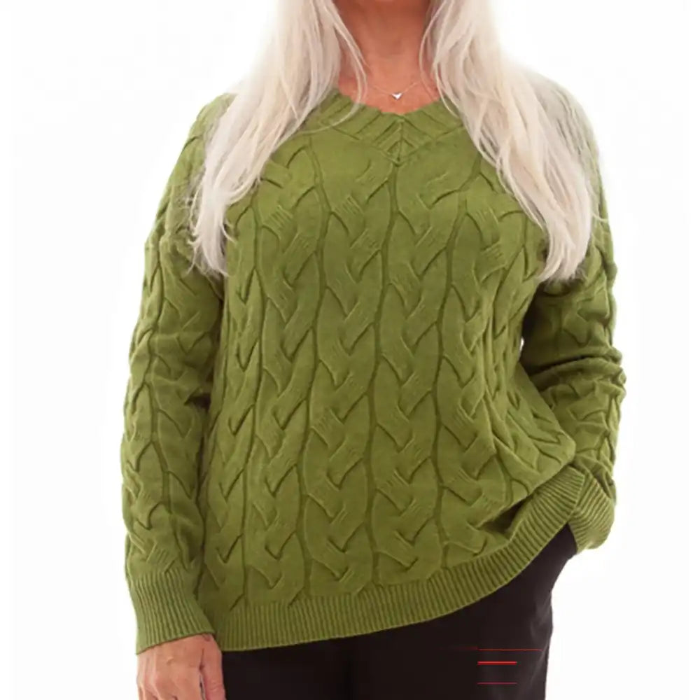 V Neck Cable Knit Jumper - Green