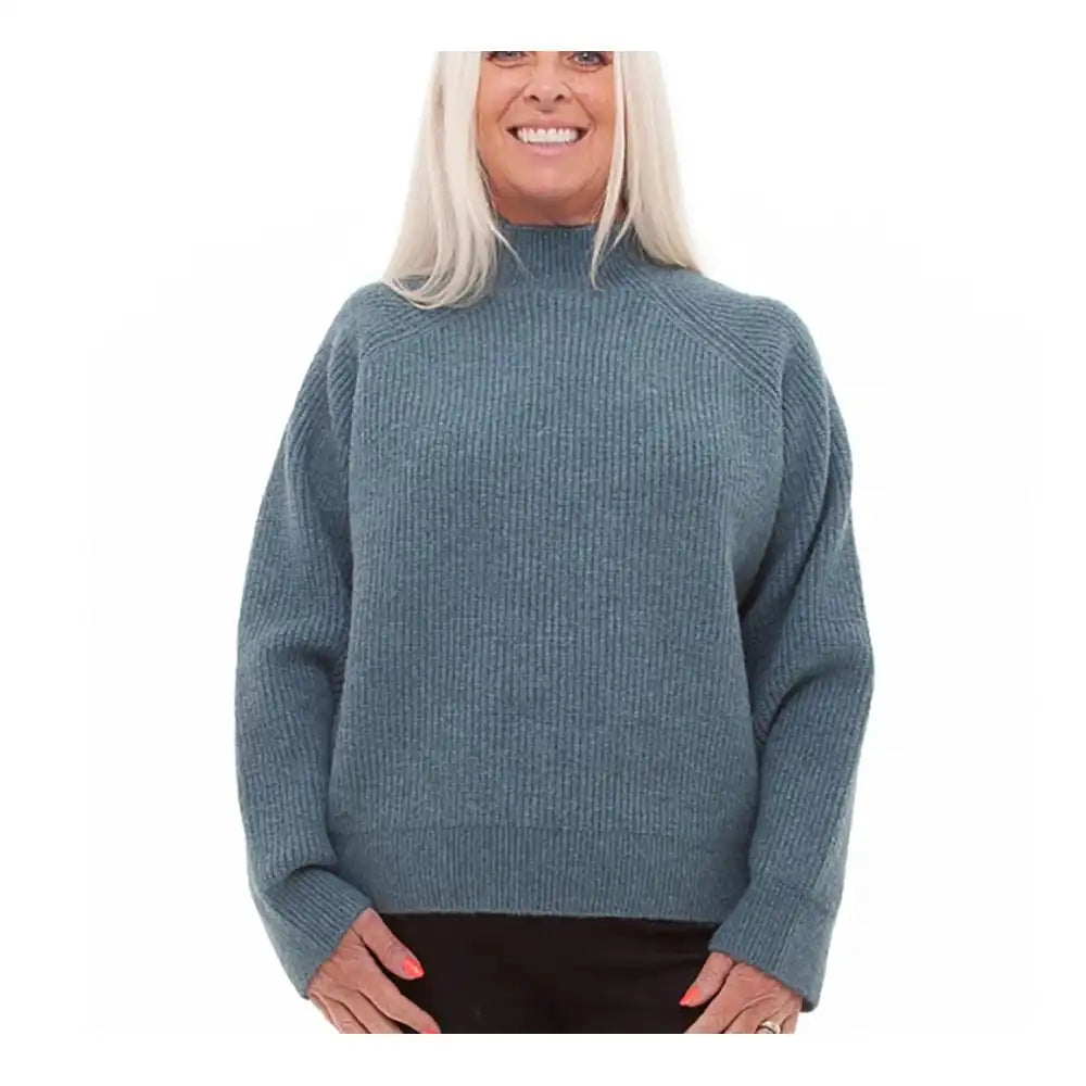 Funnel Neck Tweed Sweater - Sea Blue