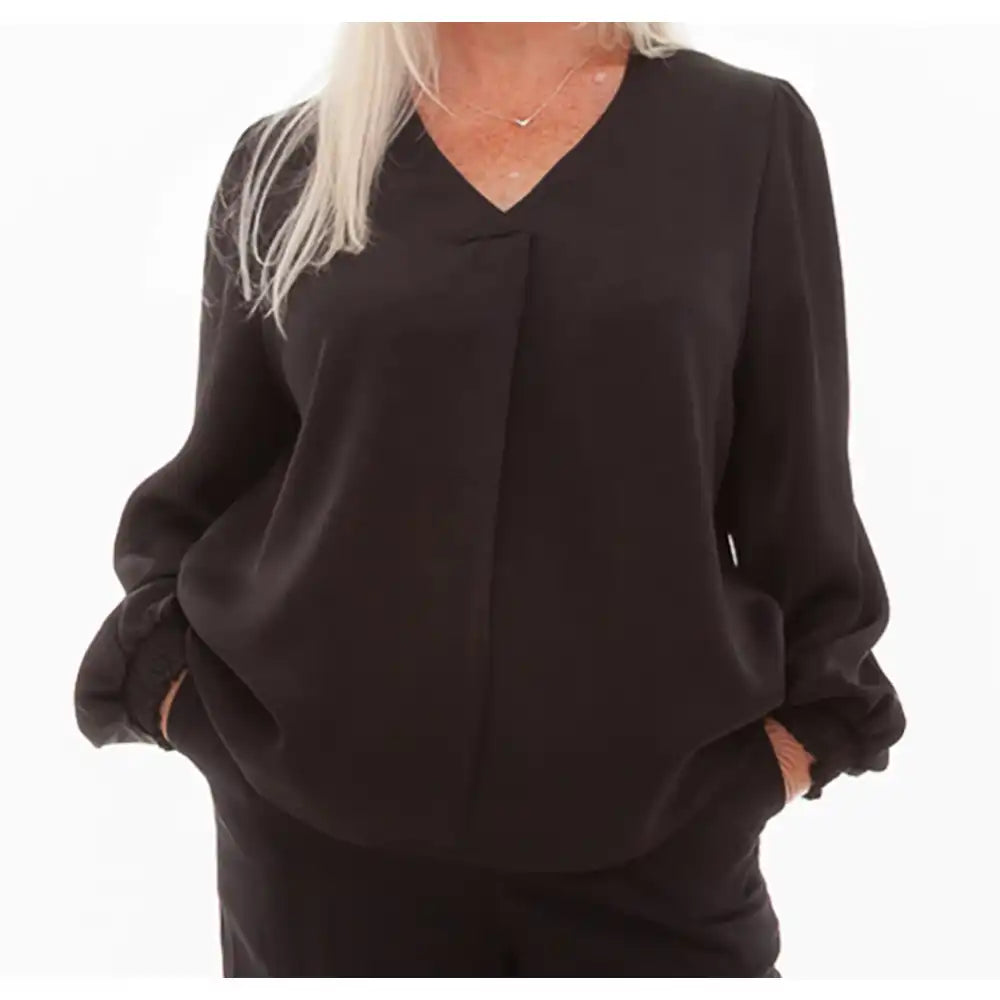 Satin Shirred Cuff Blouse - Black