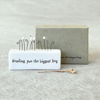 White porcelain rectangle with wire flowers on top. A saying in black on the front 'sending you the biggest hug'. Gift box behind.